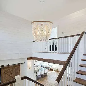 ELYCCUPA 26” Boho Wood Beaded Chandelier Rustic Farmhouse Pendant Light 4-Lights Large Coastal Chandelier for Living Room Dining Room Foyer Entryway Bedroom, Oak White, E26, UL Listed