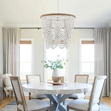 ELYCCUPA 26” Boho Wood Beaded Chandelier Rustic Farmhouse Pendant Light 4-Lights Large Coastal Chandelier for Living Room Dining Room Foyer Entryway Bedroom, Oak White, E26, UL Listed