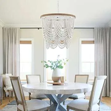 ELYCCUPA 26” Boho Wood Beaded Chandelier Rustic Farmhouse Pendant Light 4-Lights Large Coastal Chandelier for Living Room Dining Room Foyer Entryway Bedroom, Oak White, E26, UL Listed