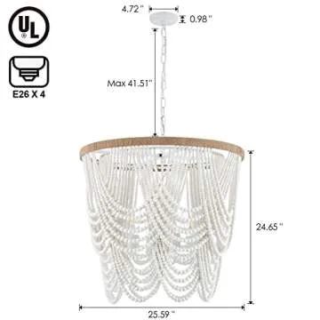 ELYCCUPA 26” Boho Wood Beaded Chandelier Rustic Farmhouse Pendant Light 4-Lights Large Coastal Chandelier for Living Room Dining Room Foyer Entryway Bedroom, Oak White, E26, UL Listed