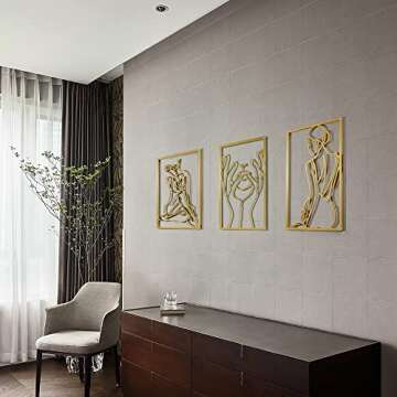 Gold Wall Art Decor for Living Room Bedroom Minimalist Modern Abstract Line Real Thicker Metal Large Room Decor Wall Sculptures for Home Hanging, Gold, Set 3 packs(Gold Women+Face+Back)