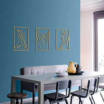 Gold Wall Art Decor for Living Room Bedroom Minimalist Modern Abstract Line Real Thicker Metal Large Room Decor Wall Sculptures for Home Hanging, Gold, Set 3 packs(Gold Women+Face+Back)