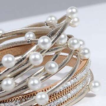 Artilady Leather Wrap Bracelet for Women - Handmade Clasp Bangle Bracelet with Pearl Beads Crystal W...