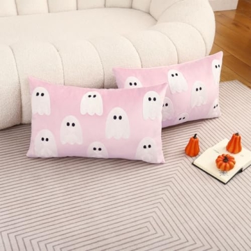 Tosleo Halloween Decor Pillow Covers 12x20 Set of 2 White Cute Ghost Throw Pillow Covers Happy Halloween Pink Decoration Embroidered Pillow Cases for Halloween Home Velvet Thanksgiving Cushion Case