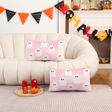 Tosleo Halloween Decor Pillow Covers 12x20 Set of 2 White Cute Ghost Throw Pillow Covers Happy Halloween Pink Decoration Embroidered Pillow Cases for Halloween Home Velvet Thanksgiving Cushion Case