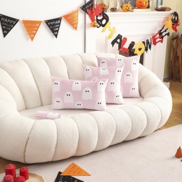 Tosleo Halloween Decor Pillow Covers 12x20 Set of 2 White Cute Ghost Throw Pillow Covers Happy Halloween Pink Decoration Embroidered Pillow Cases for Halloween Home Velvet Thanksgiving Cushion Case
