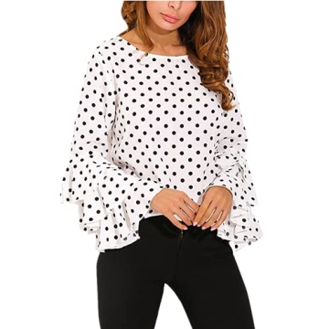 Work Blouses for Women Office Long Sleeve Polka Dot Print Tshirts Fashion Ruffle Sleeve Dressy Tops ...