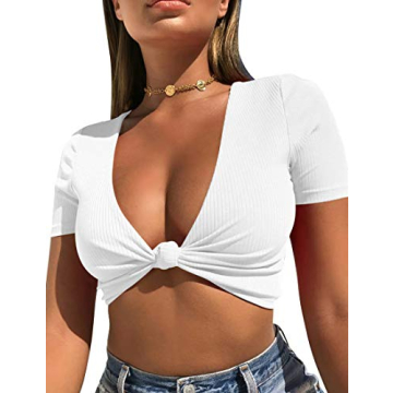 Mizoci Women's Sexy Knot Front Crop Top - Deep V Neck, Short Sleeve T-Shirt in White