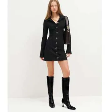 Dsevht Black Knee High Stiletto Kitten Heels for Women