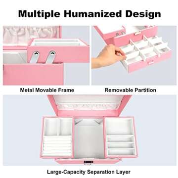 Dajasan Jewelry Box for Girls Women, PU Leather Jewelry Organizer Box, 3 Layers Jewelry Gift Box for Christmas, Valentine's Day, Birthday, Mother's Day (Pink)