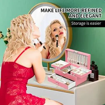 Dajasan Jewelry Box for Girls Women, PU Leather Jewelry Organizer Box, 3 Layers Jewelry Gift Box for Christmas, Valentine's Day, Birthday, Mother's Day (Pink)