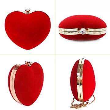 Velvet Heart Shape Clutch Purses for Women Evening Party Tote with Shoulder Chain