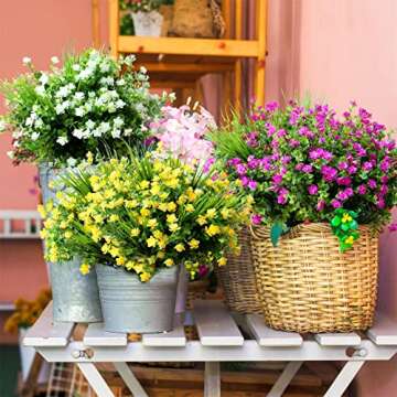 Artificial Fake Flowers Grass Plants Outdoor Summer Decoration, UV Resistant, 14 Bundles Realistic Outside Faux Greenery Plastic Plants Arrangement for Pot Porch Window Box Patio (Yellow)