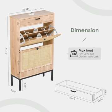 Yechen Shoe Rack Storage Organizer with 2 Natural Rectangular Rattan Doors, Entryway Wooden Shoe Cab...