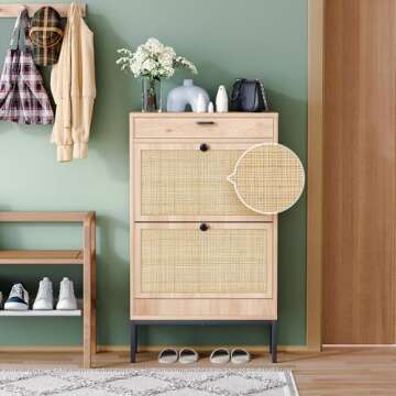 Yechen Shoe Rack Storage Organizer with 2 Natural Rectangular Rattan Doors, Entryway Wooden Shoe Cabinet for Sneakers, Leather Shoes, High Heels, Slippers (1 Piece, Oak)