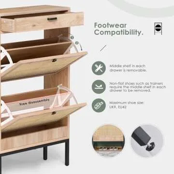 Yechen Shoe Rack Storage Organizer with 2 Natural Rectangular Rattan Doors, Entryway Wooden Shoe Cabinet for Sneakers, Leather Shoes, High Heels, Slippers (1 Piece, Oak)