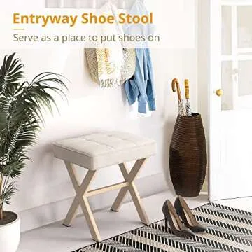 LUE BONA Square Linen Makeup Stool, Metal X Legs, Small Ottoman Stool Chair for Vanity, Modern Padded Seat Foot Rest for Makeup Room, Bathroom