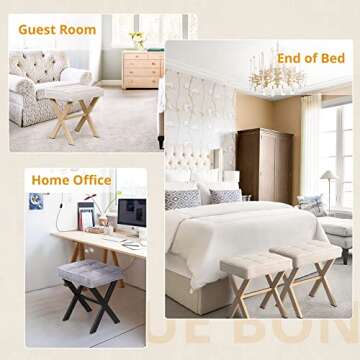 LUE BONA Square Linen Makeup Stool, Metal X Legs, Small Ottoman Stool Chair for Vanity, Modern Padded Seat Foot Rest for Makeup Room, Bathroom