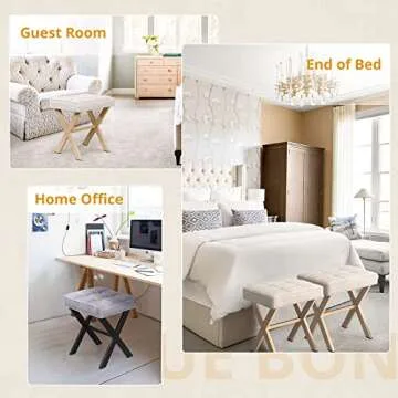 LUE BONA Square Linen Makeup Stool, Metal X Legs, Small Ottoman Stool Chair for Vanity, Modern Padded Seat Foot Rest for Makeup Room, Bathroom