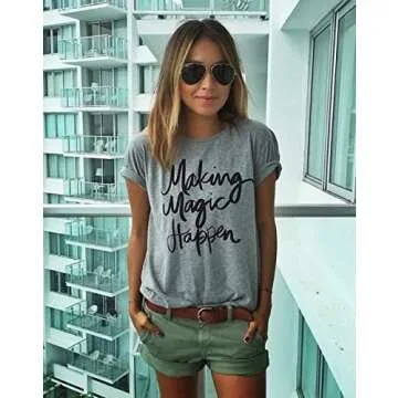 Making Magic Happen Shirt Women Short Sleeve Cute Funny Vacation Tee T-Shirt L Gray