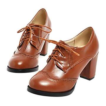 Dear Time Fashion Casual Block Heels Wingtip Oxfords Vintage PU Leather Brogue Shoes Woman Yellow US...