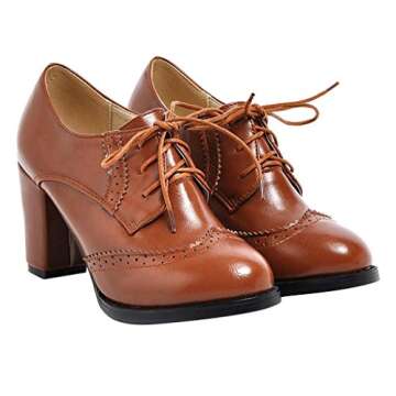 Dear Time Fashion Casual Block Heels Wingtip Oxfords Vintage PU Leather Brogue Shoes Woman Yellow US 9