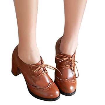 Dear Time Fashion Casual Block Heels Wingtip Oxfords Vintage PU Leather Brogue Shoes Woman Yellow US 9