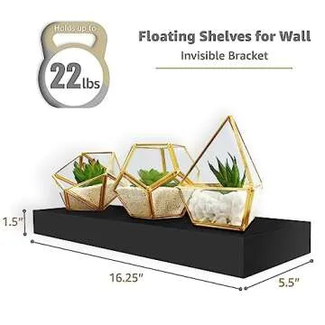 Sorbus Floating Shelves for Wall, 16" Black Bathroom Shelves Wall Mounted for Kitchen, Bedroom, Living Room, Bathroom Storage, Over Toilet, Hanging Book Shelf for Wall Home Decor (4 Pack)