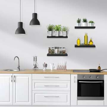 Sorbus Floating Shelves for Wall, 16" Black Bathroom Shelves Wall Mounted for Kitchen, Bedroom, Living Room, Bathroom Storage, Over Toilet, Hanging Book Shelf for Wall Home Decor (4 Pack)