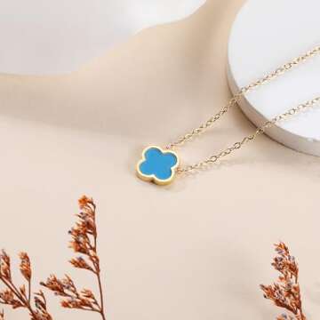 AIPPK 18K Gold Plated Clover Necklace for Women Blue Van Cleef Necklace Dupes Four Leaf Clover Lucky Necklace Pendant Dainty Jewelry Gifts