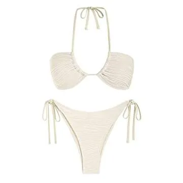 ZAFUL Women's Bandeau Bikini Set Tie Side Swimwear O Ring Cinched Strapless Swimsuit Halter Two Piece Bathing Suit