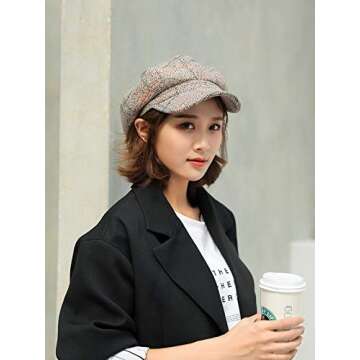 Women Newsboy Baker Boy Cap Warm Thick Plaid Peaked Beret Cabbie Sun Artist Hat Light Khaki