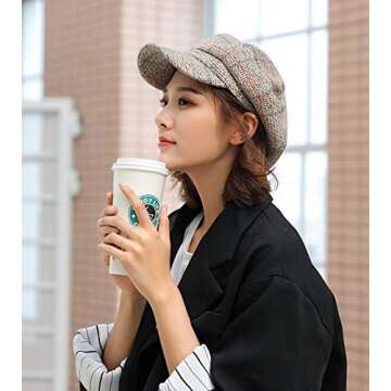 Women Newsboy Baker Boy Cap Warm Thick Plaid Peaked Beret Cabbie Sun Artist Hat Light Khaki