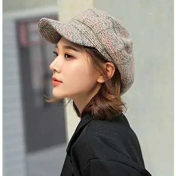 Women Newsboy Baker Boy Cap Warm Thick Plaid Peaked Beret Cabbie Sun Artist Hat Light Khaki