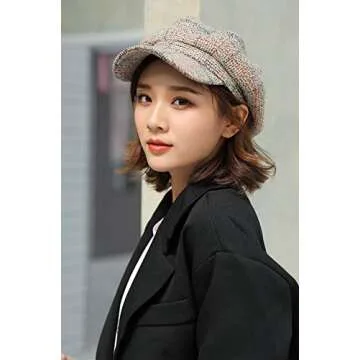 Women Newsboy Baker Boy Cap Warm Thick Plaid Peaked Beret Cabbie Sun Artist Hat Light Khaki
