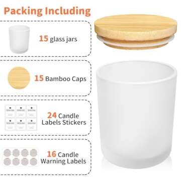 SUPMIND 15 Pack Empty Candle Jars 7oz Frosted Glass Jars with Bamboo Lids and Stickers and Labels, Bulk for Making Candles Containers Vessels - Dishwasher Safe