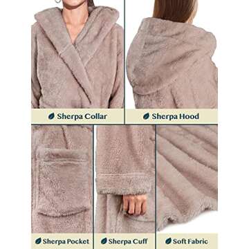 PAVILIA Women Hooded Plush Soft Robe | Fluffy Warm Fleece Sherpa Shaggy Bathrobe (S/M, Taupe)
