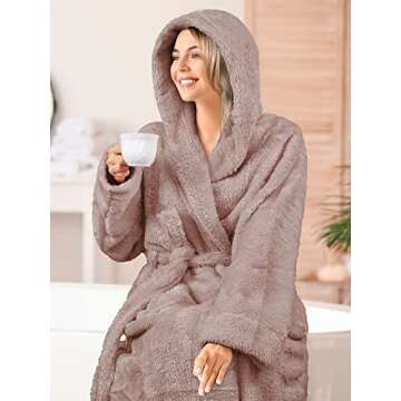 PAVILIA Women Hooded Plush Soft Robe | Fluffy Warm Fleece Sherpa Shaggy Bathrobe (S/M, Taupe)