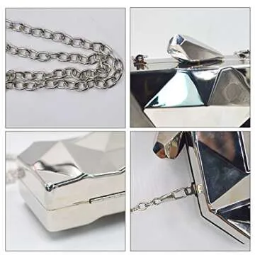 Reberomantic Women Lattice Pattern Metal Handbag Chain Geometric Evening Clutch Purse, Silver