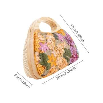 Sheiyeah Women Straw Sequin Embroidered Flower Evening Handbag Clutch Purse Wooden Handle for Beach ...