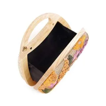 Sheiyeah Women Straw Sequin Embroidered Flower Evening Handbag Clutch Purse Wooden Handle for Beach Holiday Party
