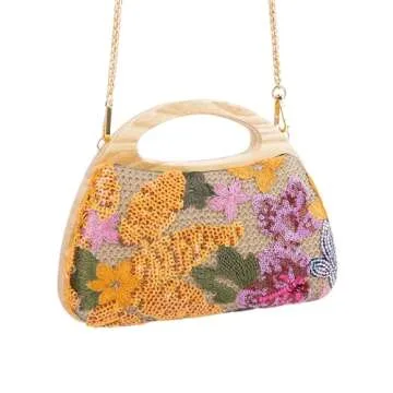 Sheiyeah Women Straw Sequin Embroidered Flower Evening Handbag Clutch Purse Wooden Handle for Beach Holiday Party