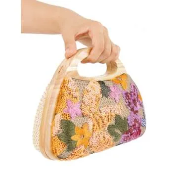 Sheiyeah Women Straw Sequin Embroidered Flower Evening Handbag Clutch Purse Wooden Handle for Beach Holiday Party