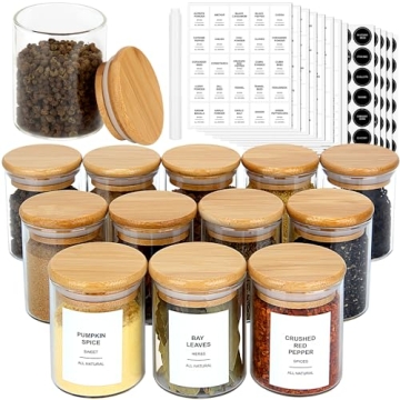 JuneHeart 32 Glass Spice Jars with Bamboo Lids and Labels
