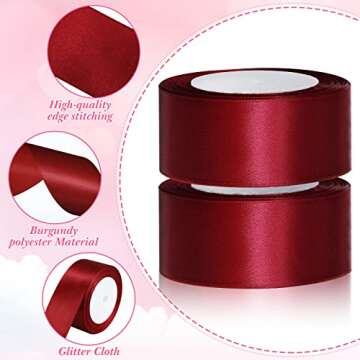 2 Rolls Burgundy Ribbon 50 Yards 1.5 Inches Wide Double Faced Polyester Satin Ribbon Solid Satin Ribbon for Christmas Wedding Present Wrapping Crafts Burgundy Party Decoration