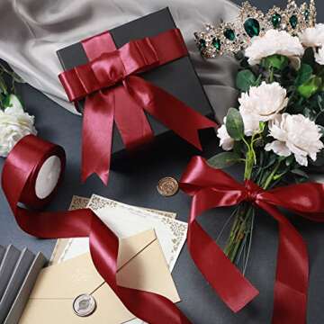 2 Rolls Burgundy Ribbon 50 Yards 1.5 Inches Wide Double Faced Polyester Satin Ribbon Solid Satin Ribbon for Christmas Wedding Present Wrapping Crafts Burgundy Party Decoration