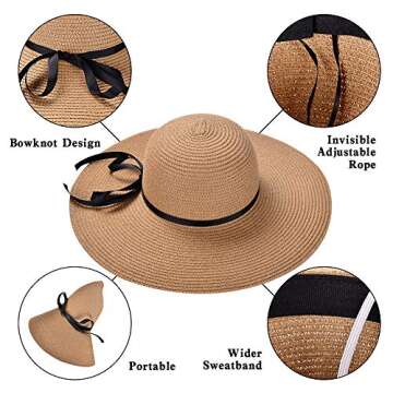 Womens Floppy Sun Beach Hat with Bowknot UPF50