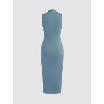 CIDER High Neck Ruched Midi Dress in Blue, Stylish & Versatile