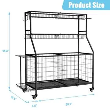 WUC Sports Equipment Organizer - Garage Ball Storage Rack with Basket, Hooks and Rolling Cart for To...
