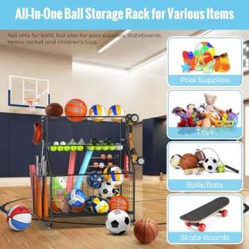 WUC Sports Equipment Organizer - Garage Ball Storage Rack with Basket, Hooks and Rolling Cart for Toy Sports Gear Storage, Black